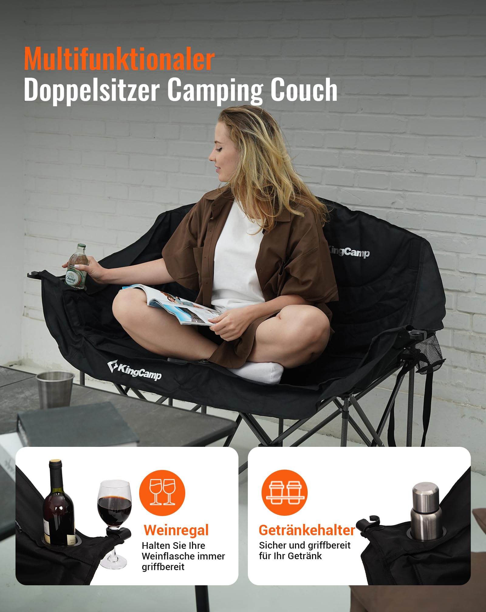KingCamp XL Doppel Campingstuhl Faltbar bis 300kg Gepolstert Getränkehalter | Campingsessel Klappbar 2 Personen, Weinglashalter, Hochlehner, Armlehne & Tragetasche, Campingsofa 1 2 & 3 Sitzer für Garten