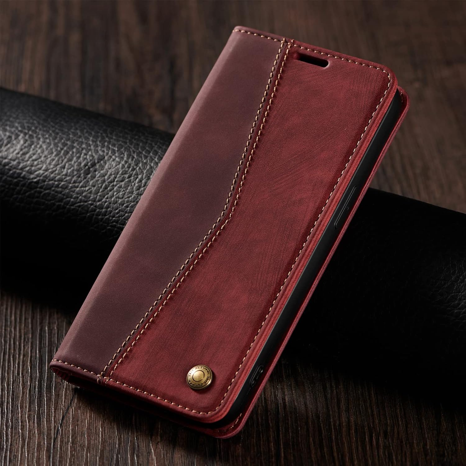 QLTYPRI Wallet Case for iPhone 13 [6.1 Inch], Vintage Folio PU Leather Case with Card Slots Magnetic Closure Kickstand Flip Shockproof Phone Cover for iPhone 13 - Wine Red - Image 8