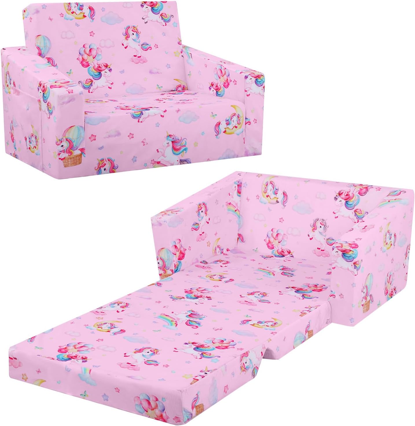 decalsweet Foldable Kids Sofa Couch 2 in 1 Children Convertible Sofa to Lounger Flip Open Toddlers Sofa Bed,Extra Wide Soft Lightweight for Bedroom Livingroom Playroom