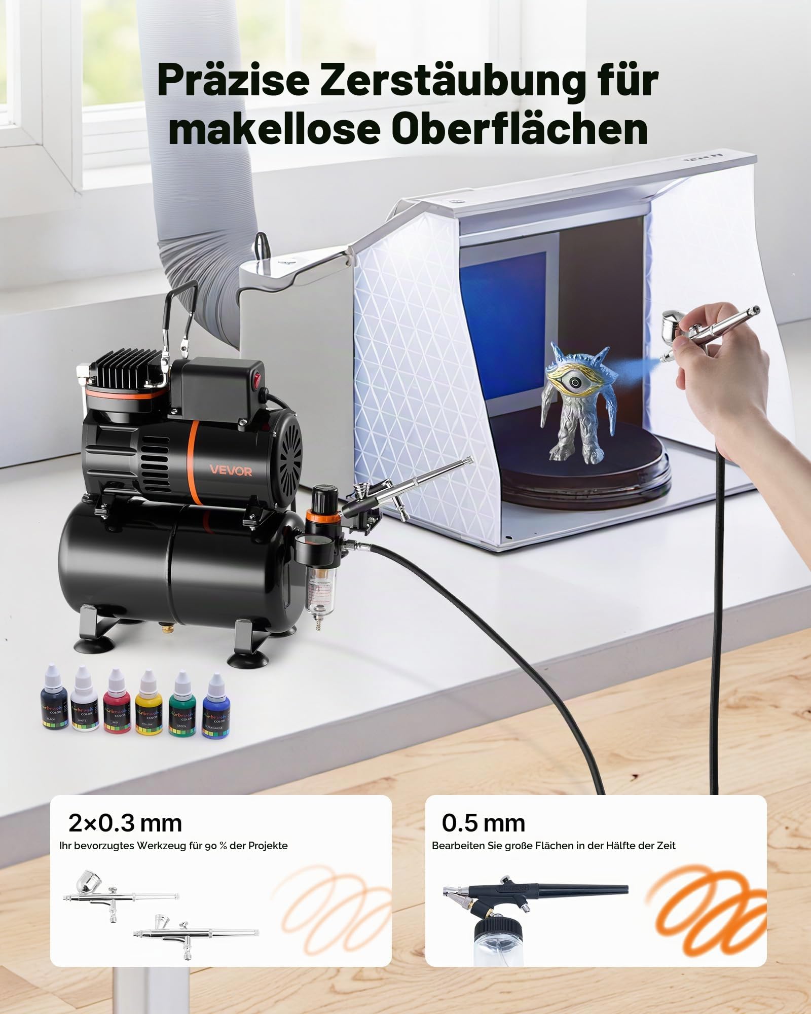 VEVOR Airbrush Set 1/6 PS mit Kompressor & Tank, Dual-Action 3 Airbrush-Pistolen mit 3 Düsen (0,3/0,3/0,5 mm) & Schlauch & Acrylfarbe & 2 Ventilatoren, für Kuchendekoration Modellmalerei Nagelkunst