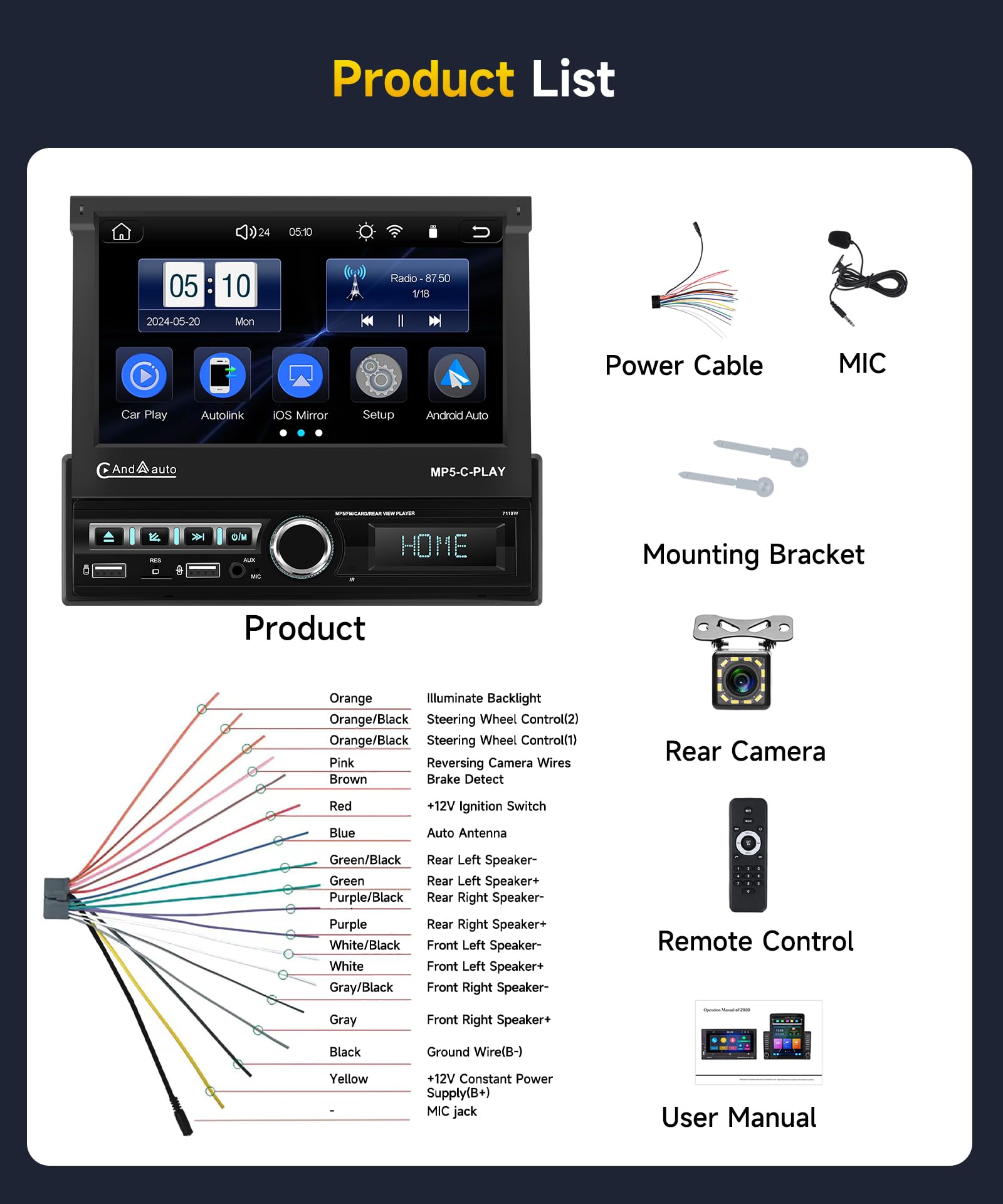 VECHTEL Radio para Coche 1 DIN Carplay Android Auto Inalámbrico con Pantalla retráctil eléctrica 7“,Radio FM 1 DIN con Bluetooth,GPS/Navegación,Mirror Link 2 USB/AUX/SD con cámara de visión Trasera