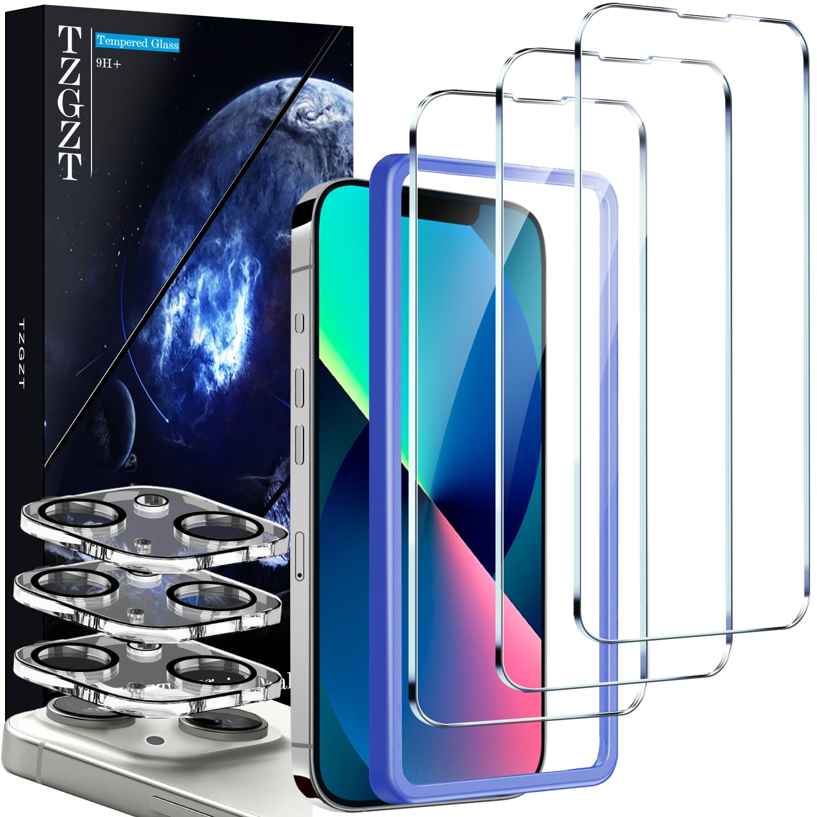 TZGZT True 9H Shatterproof 3 Pack for iPhone 13 Screen Protector Tempered Glass Film with 3 Pack Camera