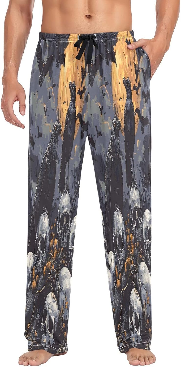 ALAZA Halloween Crow Skull Men's Pajama Pants Men Cotton Pajama Bottoms with Pockets, S