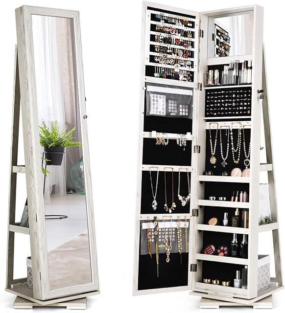 COSTWAY 3-in-1 Jewelry Cabinet, Lockable Jewelry Armoire Storage Unit with Full Length Mirror and Display Shelf, Home Bedroom Dressing Room Cosmetics Jewellery Organiser (360° Swivel White)