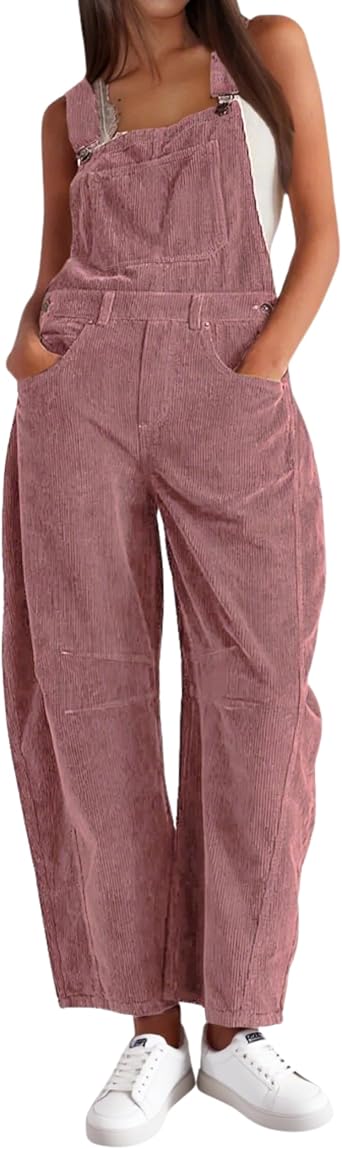 Corduroy Overalls for Women Barrel Wide Leg Bib Jumpsuit with Pockets