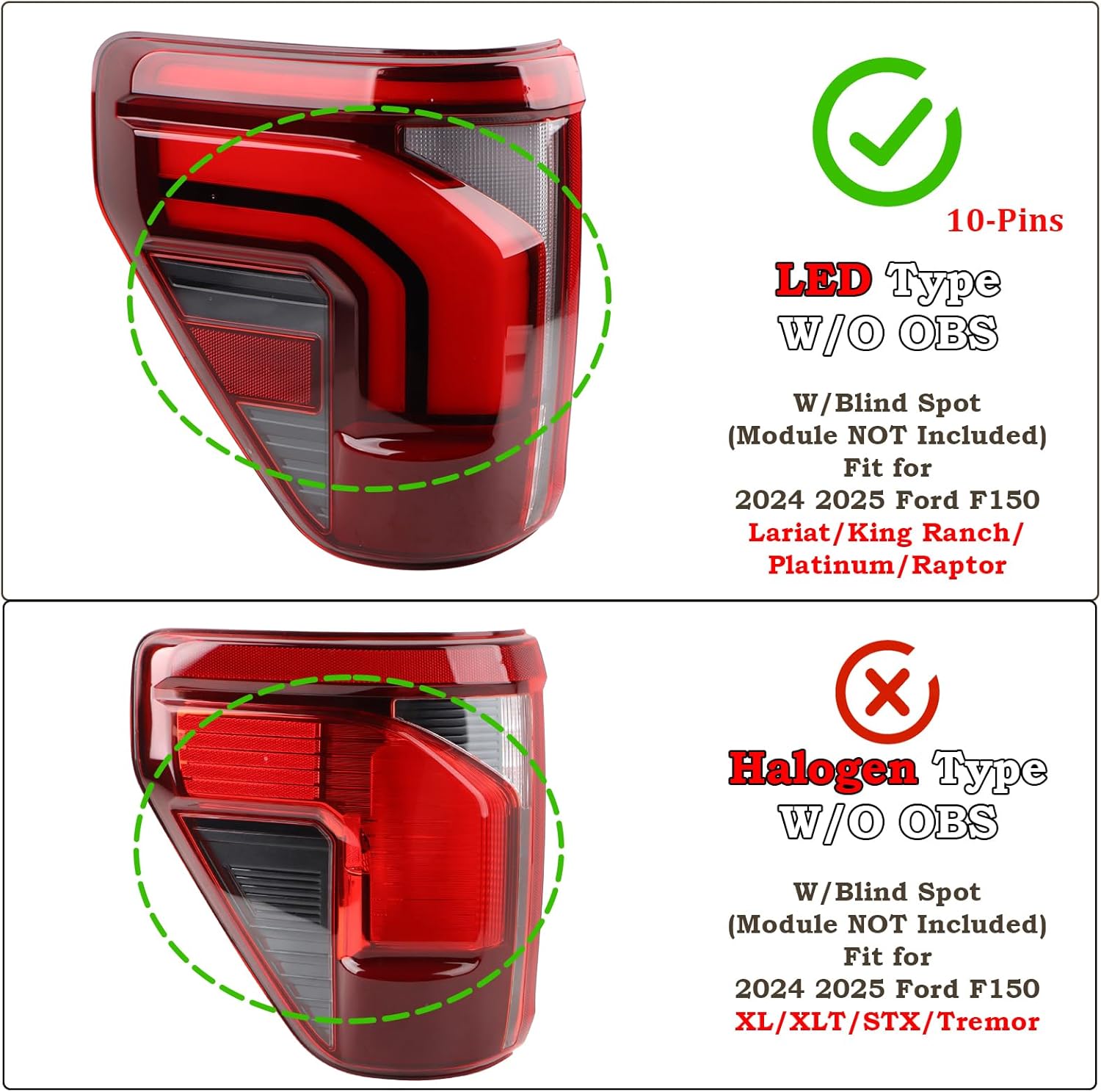 LH LED W/O OBS Tail light Assembly Fit for 2024 2025 Ford F150 Lariat/King Ranch/Platinum/Raptor Rear Lamp W/Blind Spot W/O Module Left Driver Side RL3Z-13405-B RL3413B505CD 10-Pins