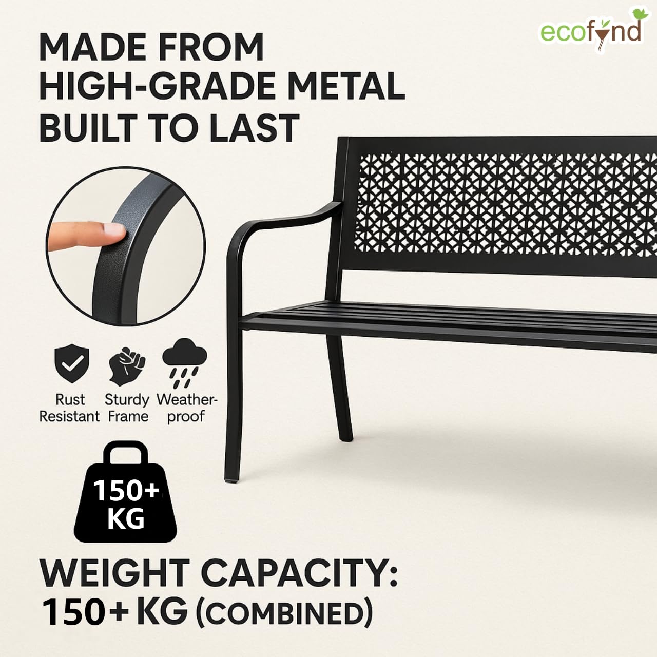 ecofynd 2 Seater Garden Bench for Indoor & Outdoor Park, 3 Feet Long Heavy Duty Waterproof Outdoor Seating Bench for Home, Terrace, Patio, Living Room, Lounge, Balcony (Black, GT003-039) - Image 7 thumbnail