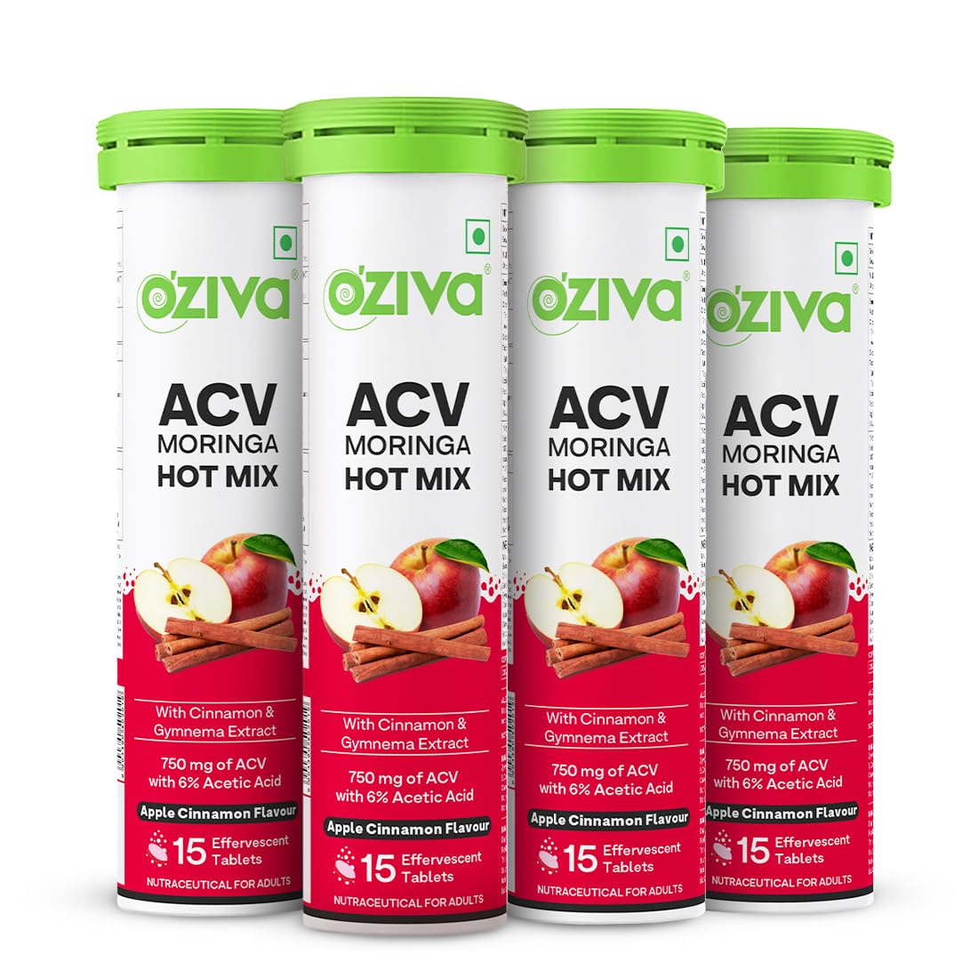 OZiva ACV Moringa Hot Mix | Control Cravings & Boost Metabolism | Apple Cider Vinegar, Gymnema, Cinnamon, Moringa | Apple Cinnamon - 15 Effervscent Tablets (Pack of 4)