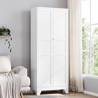 Yizosh 75" White Metal Pantry Cabinet with 2 Doors & 4 Adjustable Shelves - Kitchen Storage for Pantry, Bathroom, Living Room