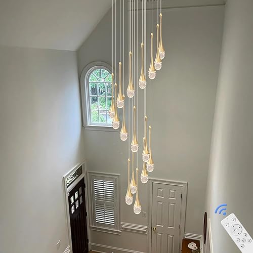 Miniatura 6 de ykolupty Candelabros de Cristal Modernos LED Regulables Candelabro para Escalera Candelabro Dorado de Lágrima Luz Colgante Grande para Entrada