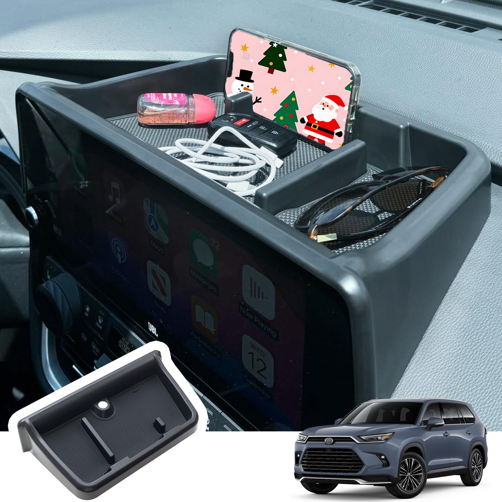 TOPINSTALL 2026 2025 2024 New Dash Organizer Compatible with Toyota Grand Highlander Accessories, Center Console Screen Dashboard Tray with Anti-Slip Rubber Mat Phone Holder