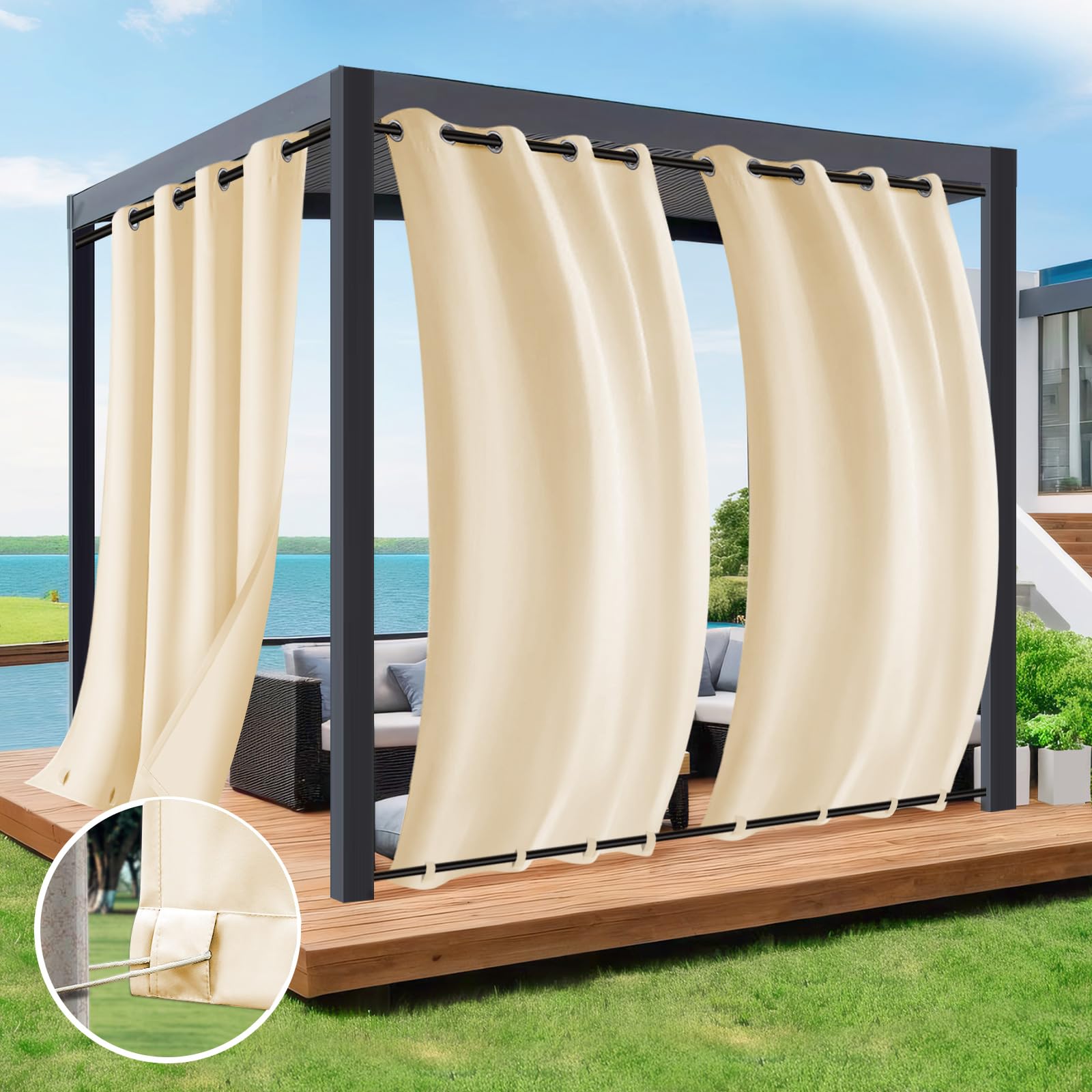 Rosnek Rideau Extérieur Imperméable, Rideaux Occultant avec Corde Thermiques Anti Chaleur Anti UV, Beige Rideau Extérieur avec Onglet en Haut pour Pergola, Gazebo etc L 132 x H 213 cm, Lot de 2