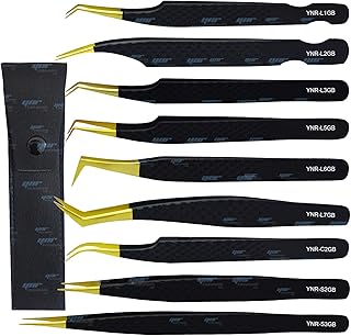 YNR Lash Eyelash Extension Tweezers, Japanese Stainless Steel Tools Straight Curved, Volume Tweezers Precision Angled Gold Tip with Free leather Case (YNR-L7GB)