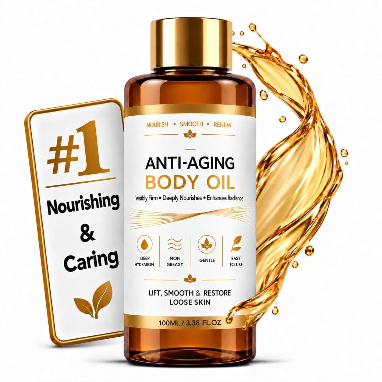 Anti Aging Body Oil, Firming Moisturizer for Dry, Mature Skin, 3.38 Fl Oz Plant-Based Formula; fast-absorbing hydration with a non-greasy feel for daily care on arms, belly, thighs and legs
