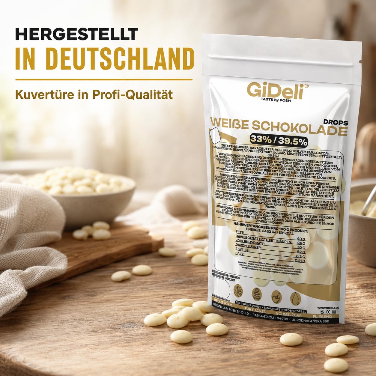 GiDeli Weiße Schokolade Drops 3x1kg - Kuvertüre mit Kakaobutter & 33% Kakao - Backschokolade zum Schmelzen - Einfache Dosierung - Ideal für Pralinen, Ganache & Schokoladenfondue