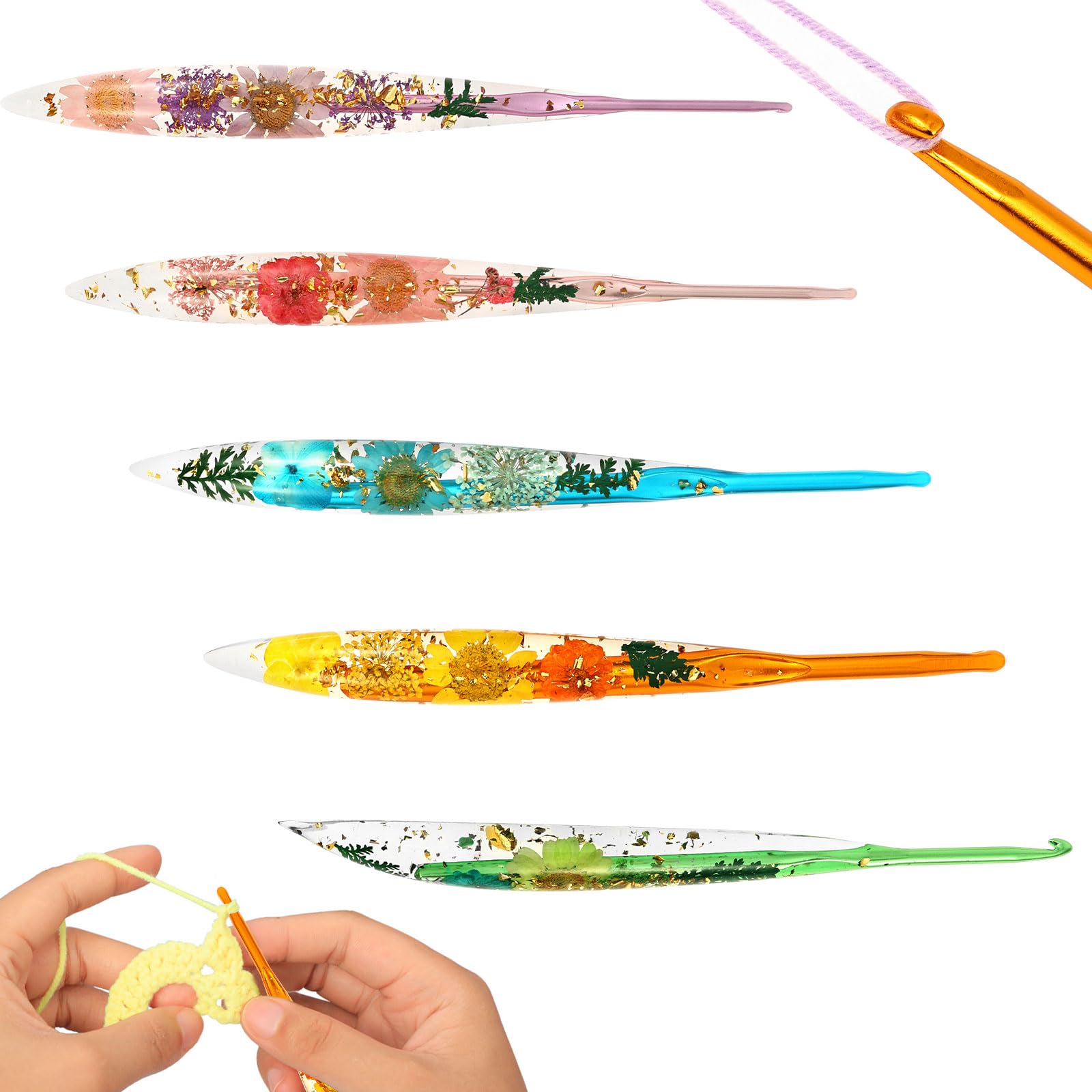 Kuanght Colorful 5Pcs Crochet Hooks 3.0Mm-6.0Mm Aluminium Crochet Needles With Resin Dried Flowers Handle, Ergonomic Crochets Hooks For Beginners, For Mothers Crocheting Lovers