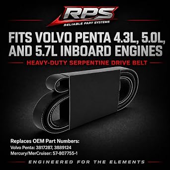 RPS Serpentine Drive Belt for Volvo Penta 4.3L 5.0L 5.7L V6 V8 Marine Inboard Engines - Heavy-Duty Alternator & Power Steering Replacement Belt - Replaces OEM 3817287, 3889124, RM3889124