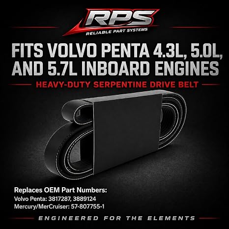 RPS Serpentine Drive Belt for Volvo Penta 4.3L 5.0L 5.7L V6 V8 Marine Inboard Engines - Heavy-Duty Alternator & Power Steering Replacement Belt - Replaces OEM 3817287, 3889124, RM3889124