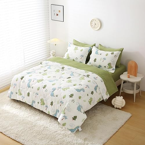 Miniatura 4 de Wajade Juego de edredón de dinosaurios para niños, cama en una bolsa, tamaño individual, 7 piezas, bonito juego de ropa de cama de dinosaurio verde