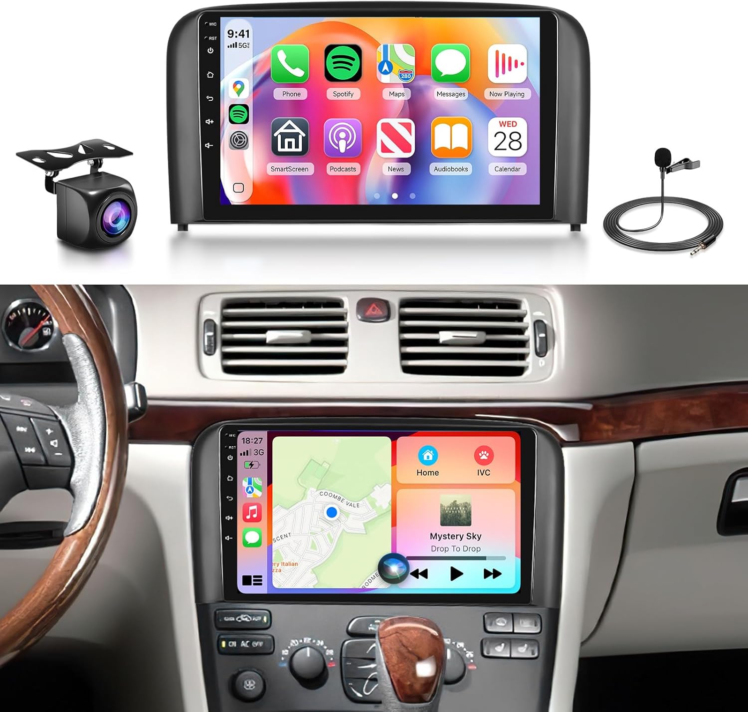 8 CORE 2G+64G Car Radio Stereo for Volvo S80 1999-2006 with Wireless CarPlay Android Auto, 9 Inch 1280 * 720P IPS Touch Screen Head Unit Android 13 GPS WiFi Bluetooth 32-Band DSP SWC HD Camera