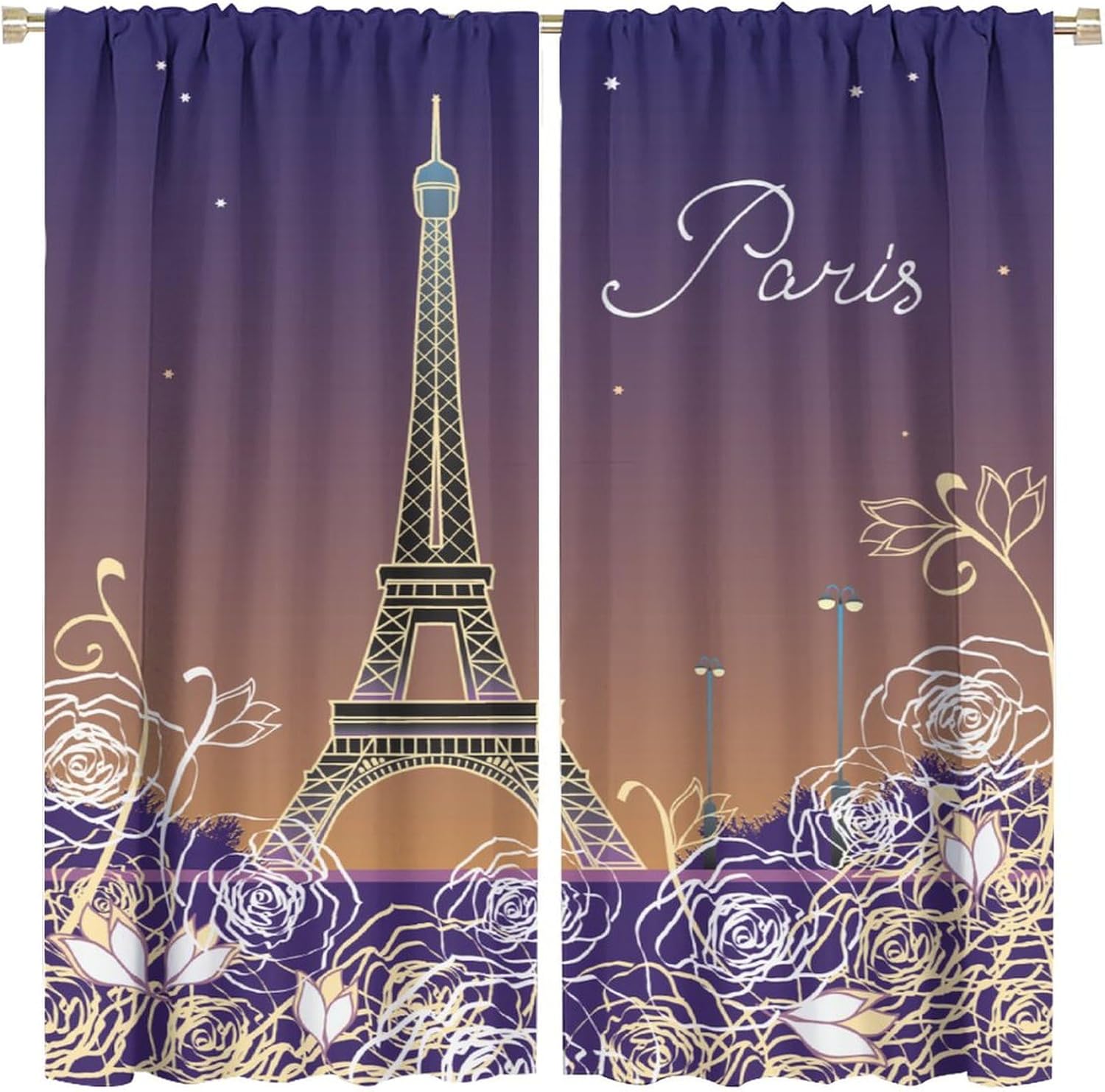 Purple Girls Paris Curtains Modern City Landscape Eiffel Tower Flower Romantic Retro France Scenery Blackout Rod Pocket Window Drapes for Living Room Bedroom Kitchen Decor W31.5xL63in 2 Panels