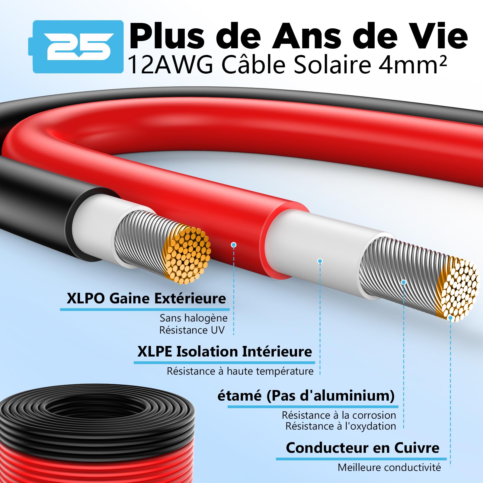 Oududianzi Cable Solaire 4mm2 15m, Rallonge Cable Panneau Solaire 10/15/20/30/50m, Câble Photovoltaïque 4mm2 pour Panneaux Solaires, onduleur et régulateur de charge (2x15m 4mm²)