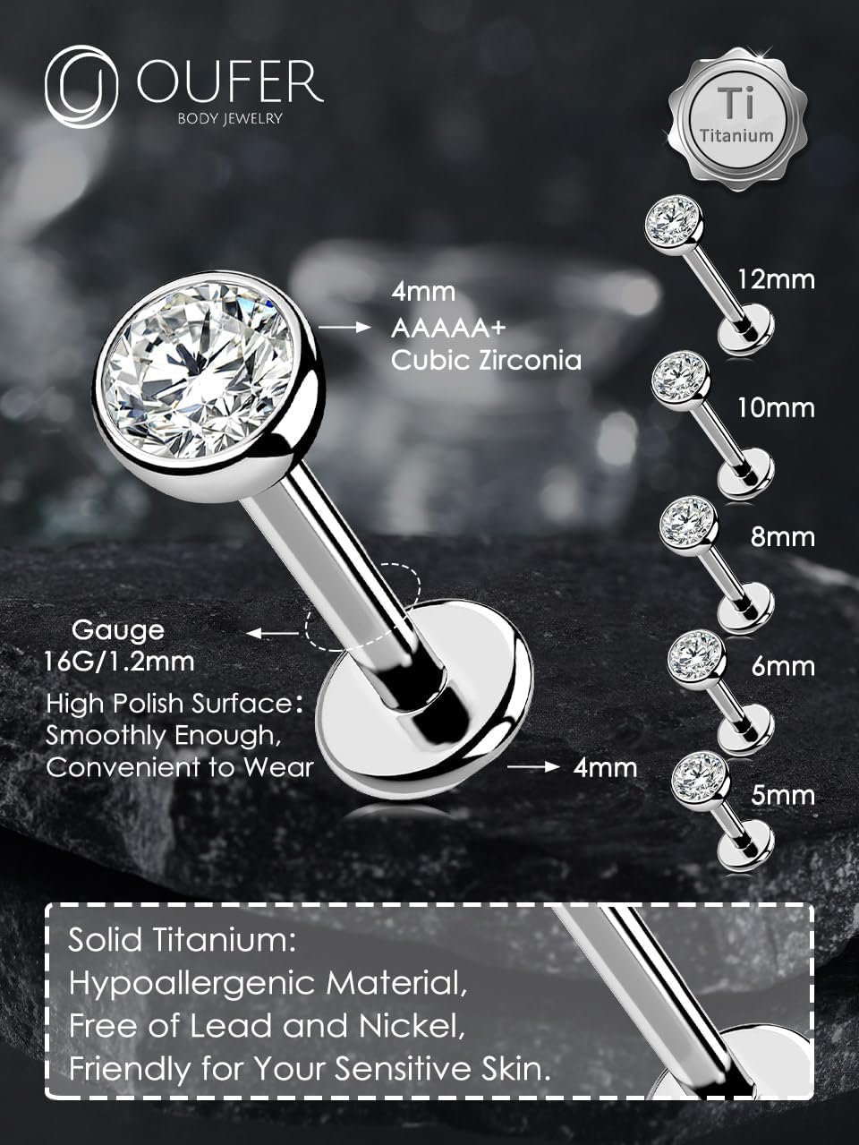 Pour Lèvre Tragus Helix OUFER Body Piercing Threadless Labret Piercing Jewellery 18G 5/6/8/10 Piercing Labret Bioflex