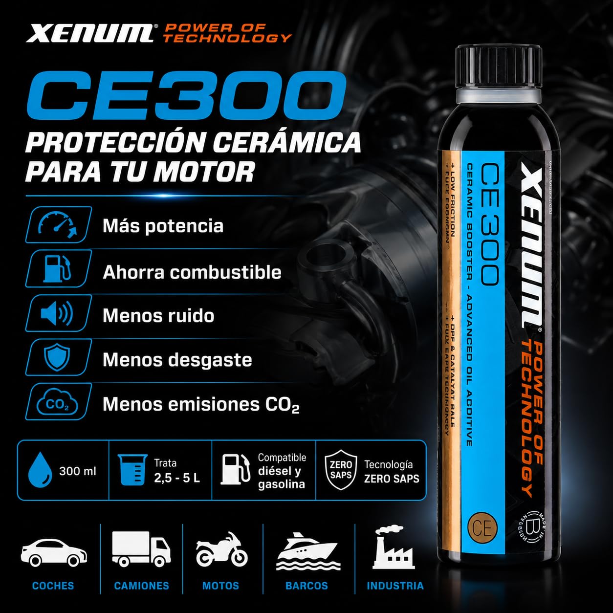 Genérico Xenum CE300 Aditivo Cerámico para Aceite de Motor 300 ml | Reduce Fricción, Ruido y Desgaste | Mejora Rendimiento y Consumo | Compatible Diésel y Gasolina | Coches, Motos, Camiones y Barcos