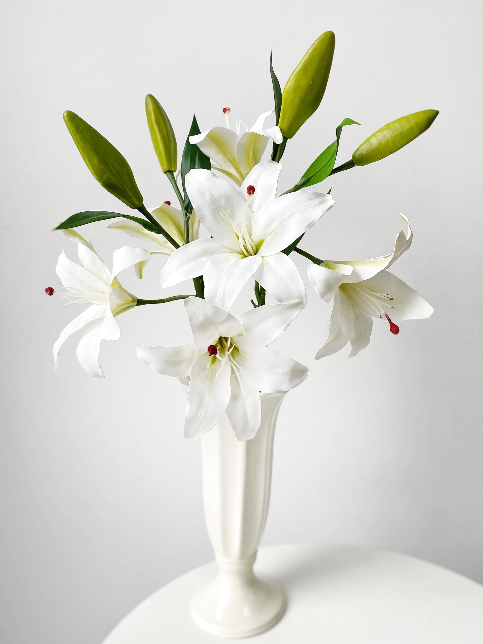 JINWOE 2 Pcs White Stargazer Lily Artificial Flowers, 28" Long Stem Fake Real Touch Lily, Faux Latex Tiger Lily for Home Garden Kitchen Table Flower Arrangement Decor