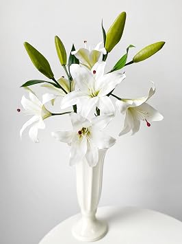 JINWOE 2 Pcs White Stargazer Lily Artificial Flowers, 28" Long Stem Faux Latex Tiger Lily for Home Garden Kitchen Table Flower Arrangement Decor