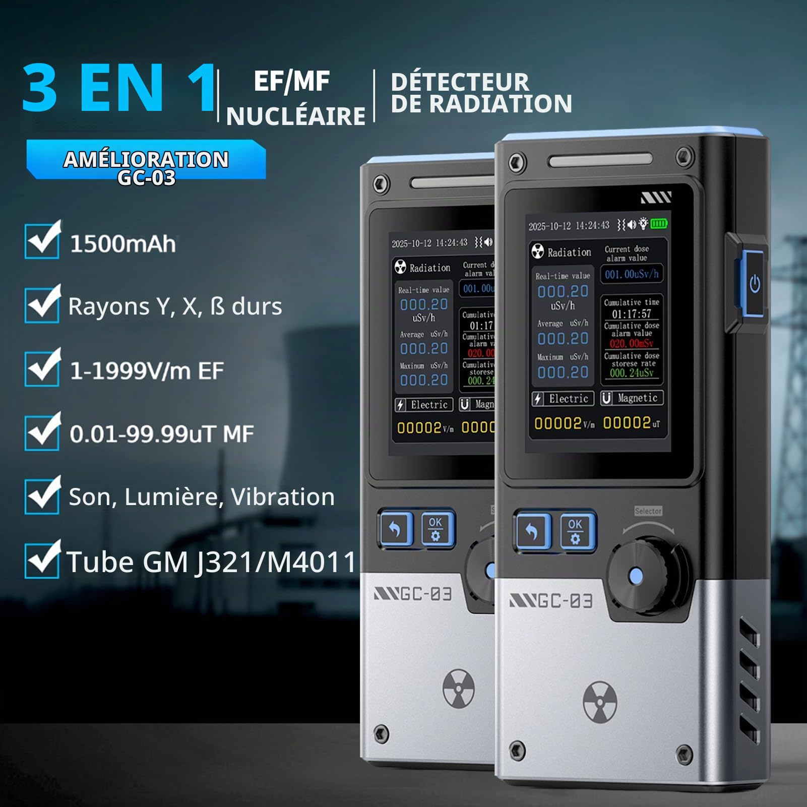 DEWIN Compteur Geiger GC-03, Détecteur de rayonnement Multifonction 3 en 1 for Champs électriques écran rétroéclairé de 2,4 Pouces Champs magnétiques et rayonnement nucléaire, Noir