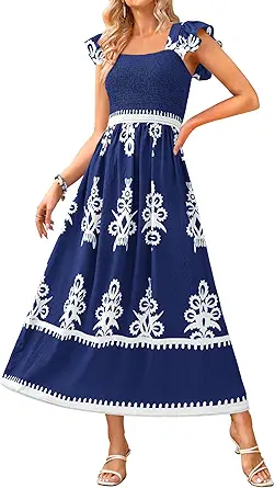 BTFBM Summer Dresses for Women 2025 Floral Smocked Boho Sleeveless Square Neck A Line Casual Beach Maxi Dress Pockets