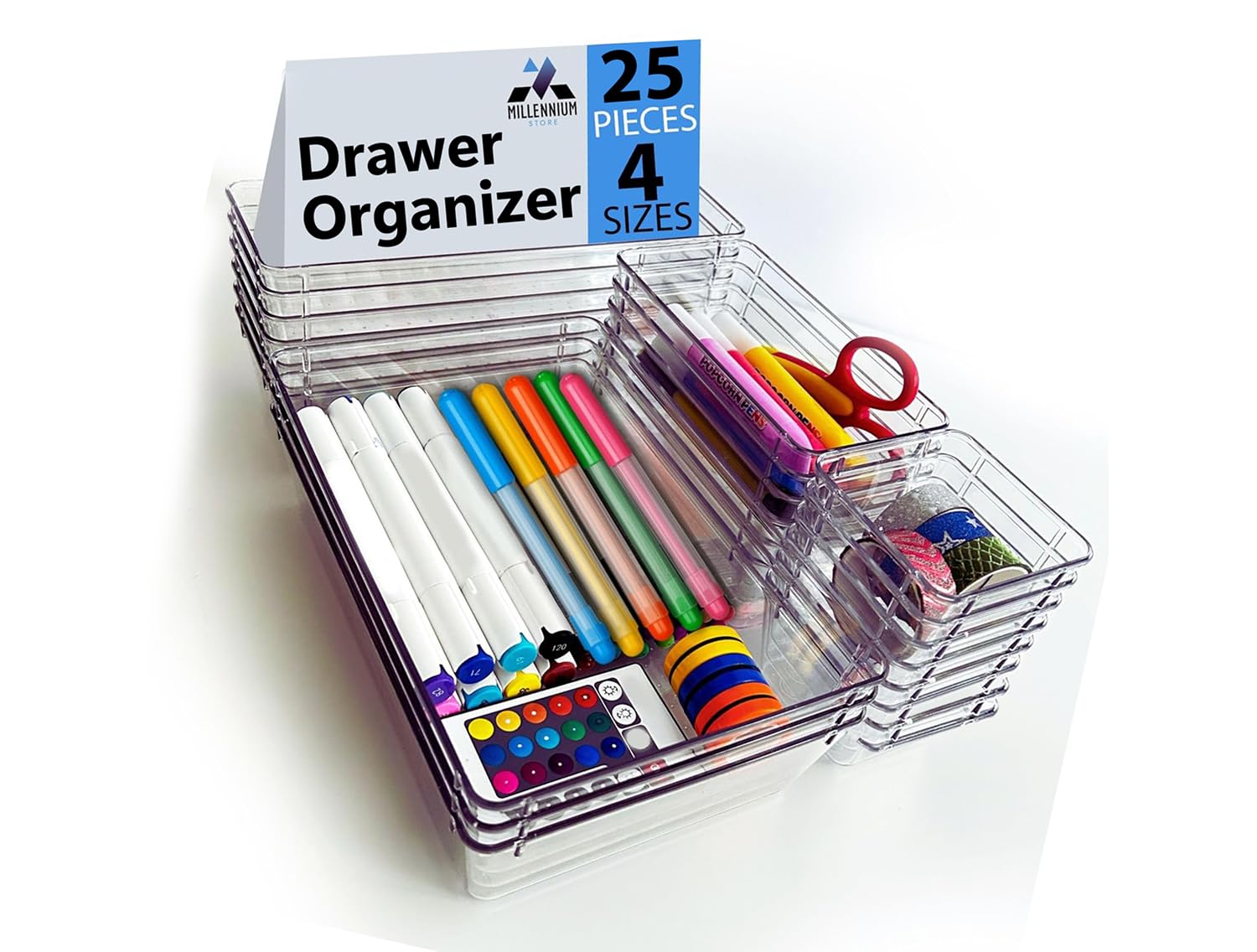 Millennium Store 25 Pack Clear Drawer Organiser Trays, Stackable Plastic Storage Boxes, Ideal for Kitchen, Office, Bathroom, Makeup organiser & Desk Drawer Organiser