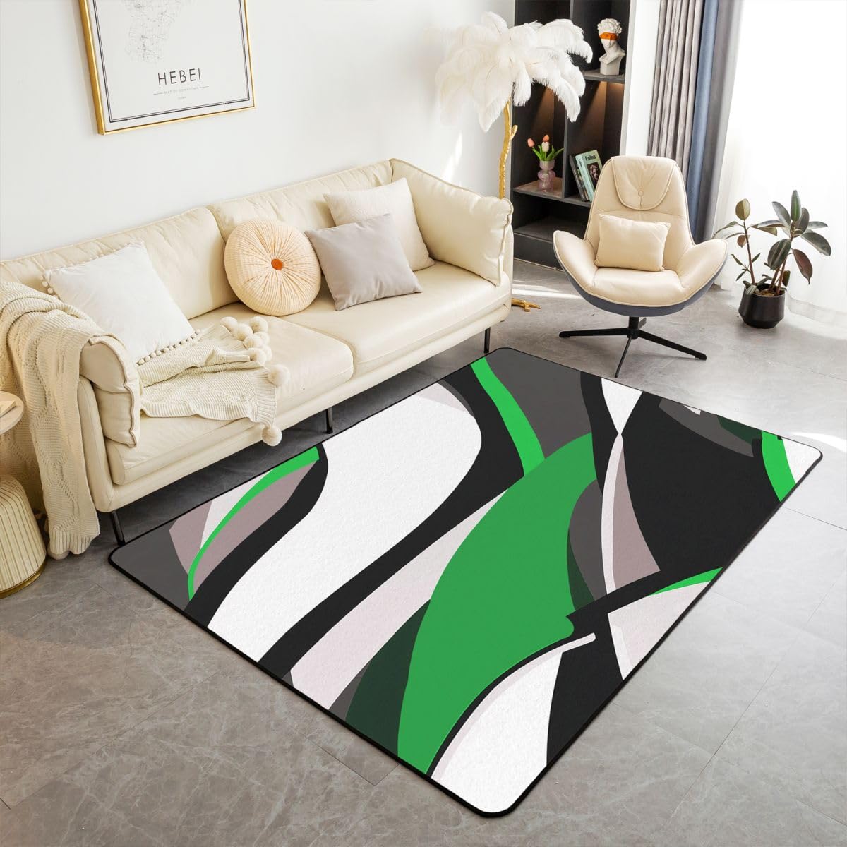Homewish Grün Gestreift Geometrisch Teppich Wohnzimmer 100x150 Schwarz Weiß Grau Abstrakt Teppiche Aquarell Graffiti Kunst Rugs for Living Room Modern Minimalistisch Neutral Carpet Pflegeleicht