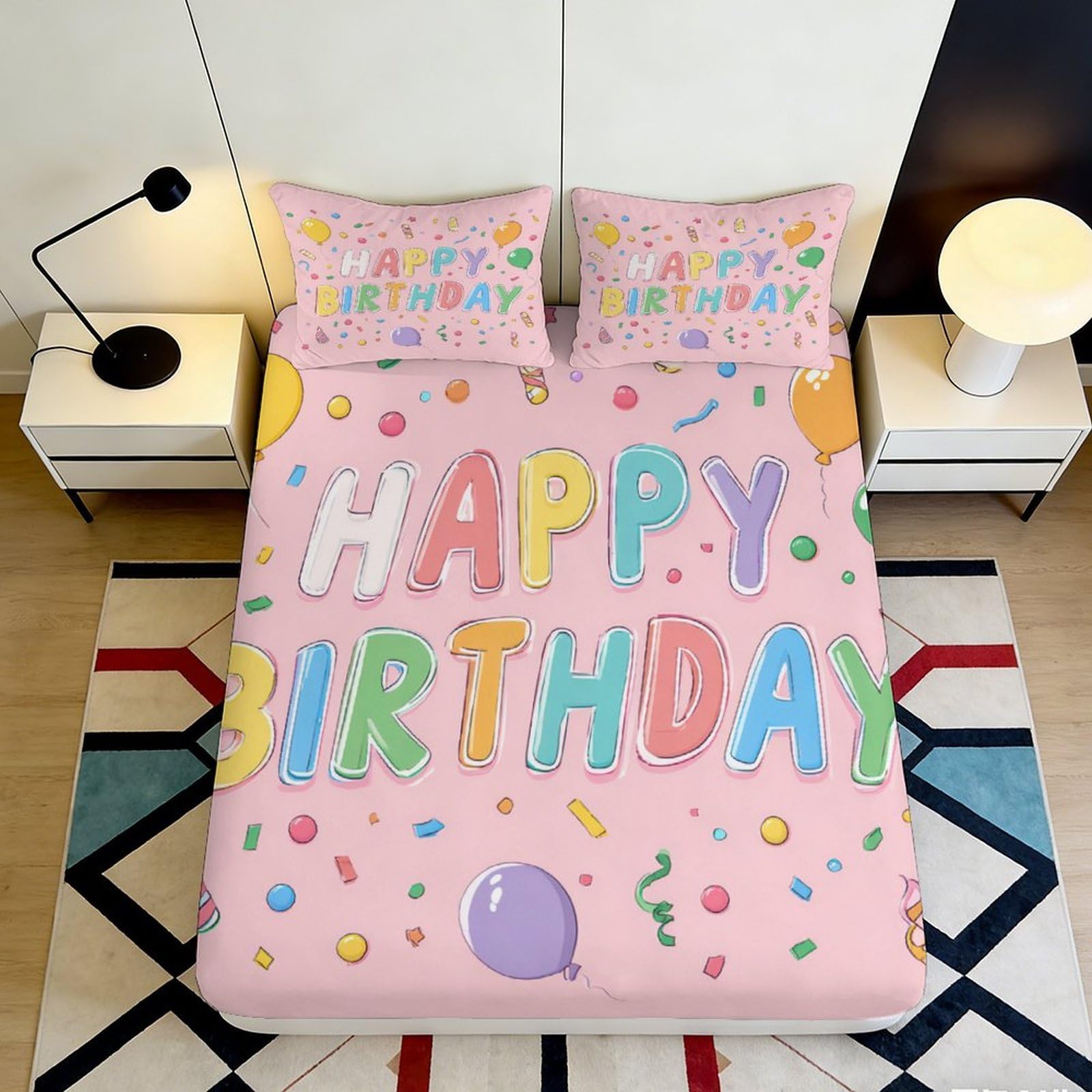 Pnayamiorkfel Style-8 3D Printed Birthday Balloons Fitted Sheet Microfiber Confetti Bed Cover For Bedroom Guest Room Decor Easy Care 90X200x25cm