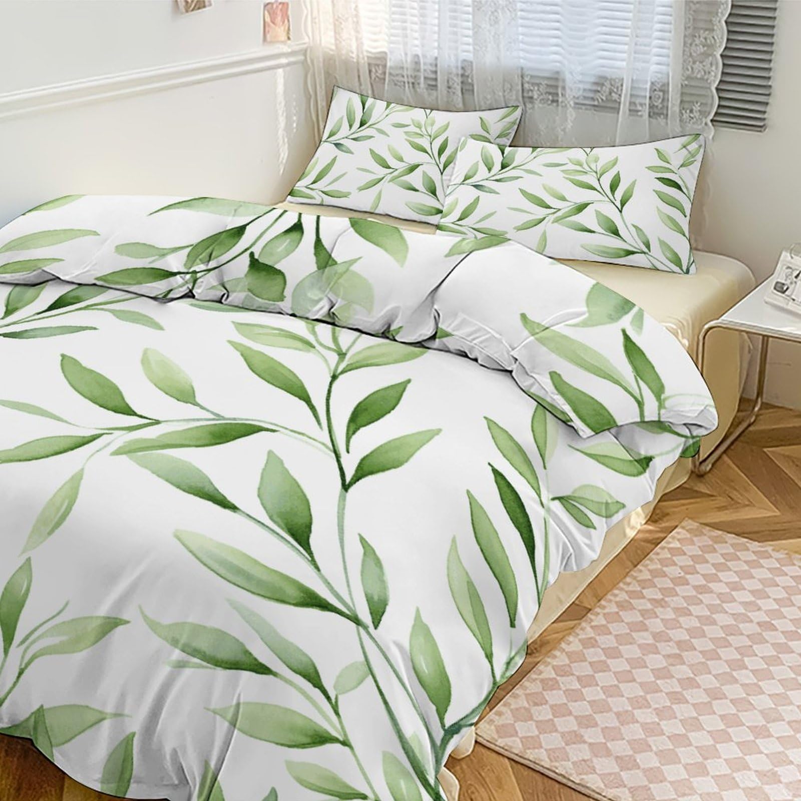 Couette pour grand lit motif feuilles vertes parure de lit 3 pièces épaisse luxe