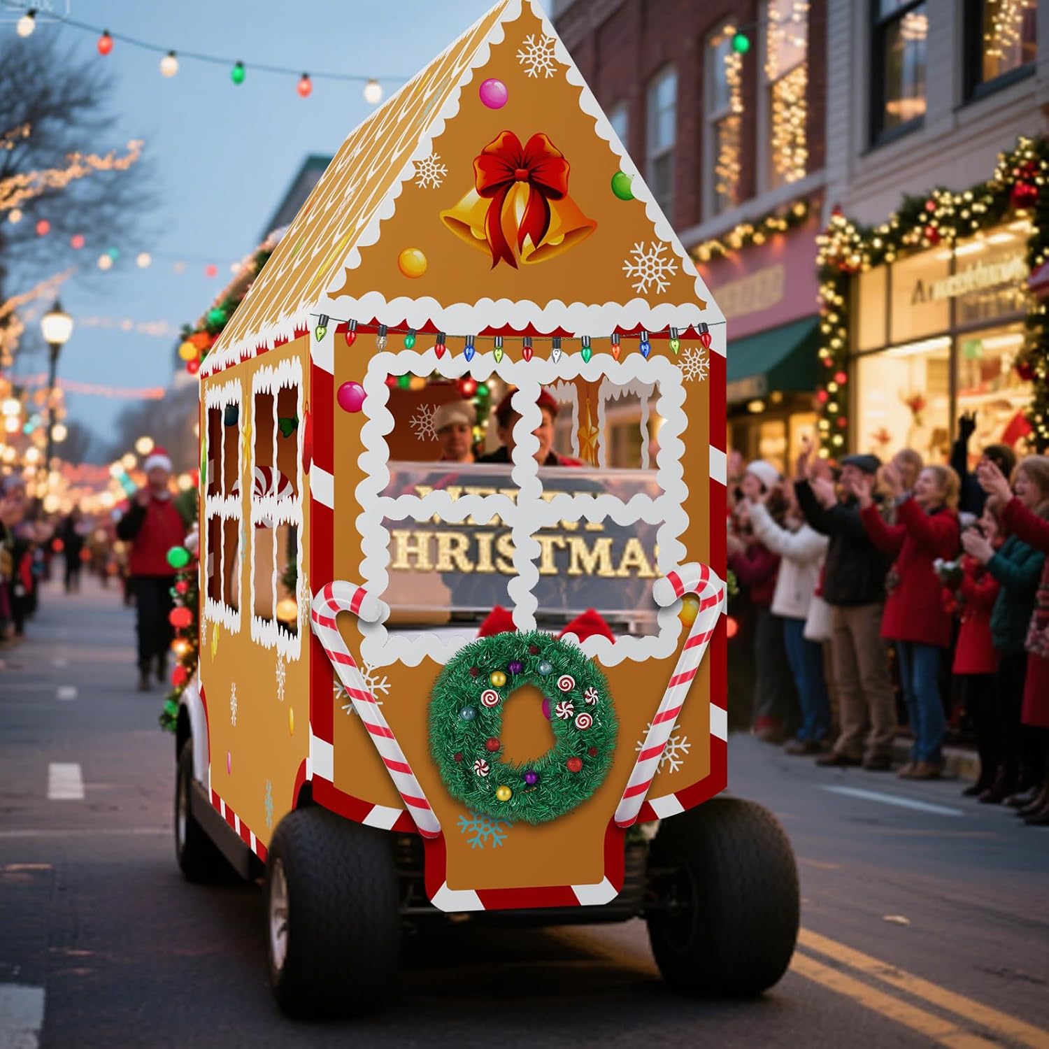 15 Pcs Christmas Gingerbread House Golf Cart Decorating Ideas Gingerbread House Colored Lights Candy Cane Shaped Balloons Candy Garland Decorations No Frame Included for Christmas Decorations