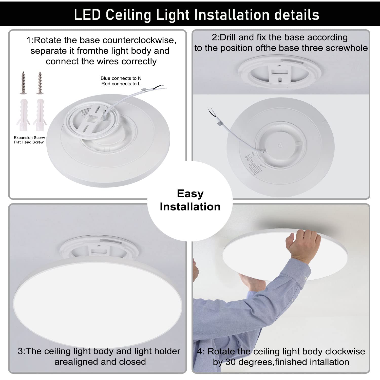 4 Pack 2880LM Flush Mount LED Ceiling Light Fixture Color Change 3 in1  (3000k/4000k/6000k)Thin Rimless Ceiling Lighting Surface Mount 120V  Mosquito Waterproof for Kitchen Bedroom Utility Closet Room - - Amazon.com