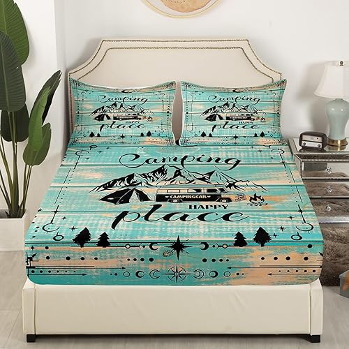Vista 21 de Camper Decor Sábanas de cama Happy Camping, sábana bajera ajustable de campamento con juego de cama de montaña, juego de cama de verano para Multi 04