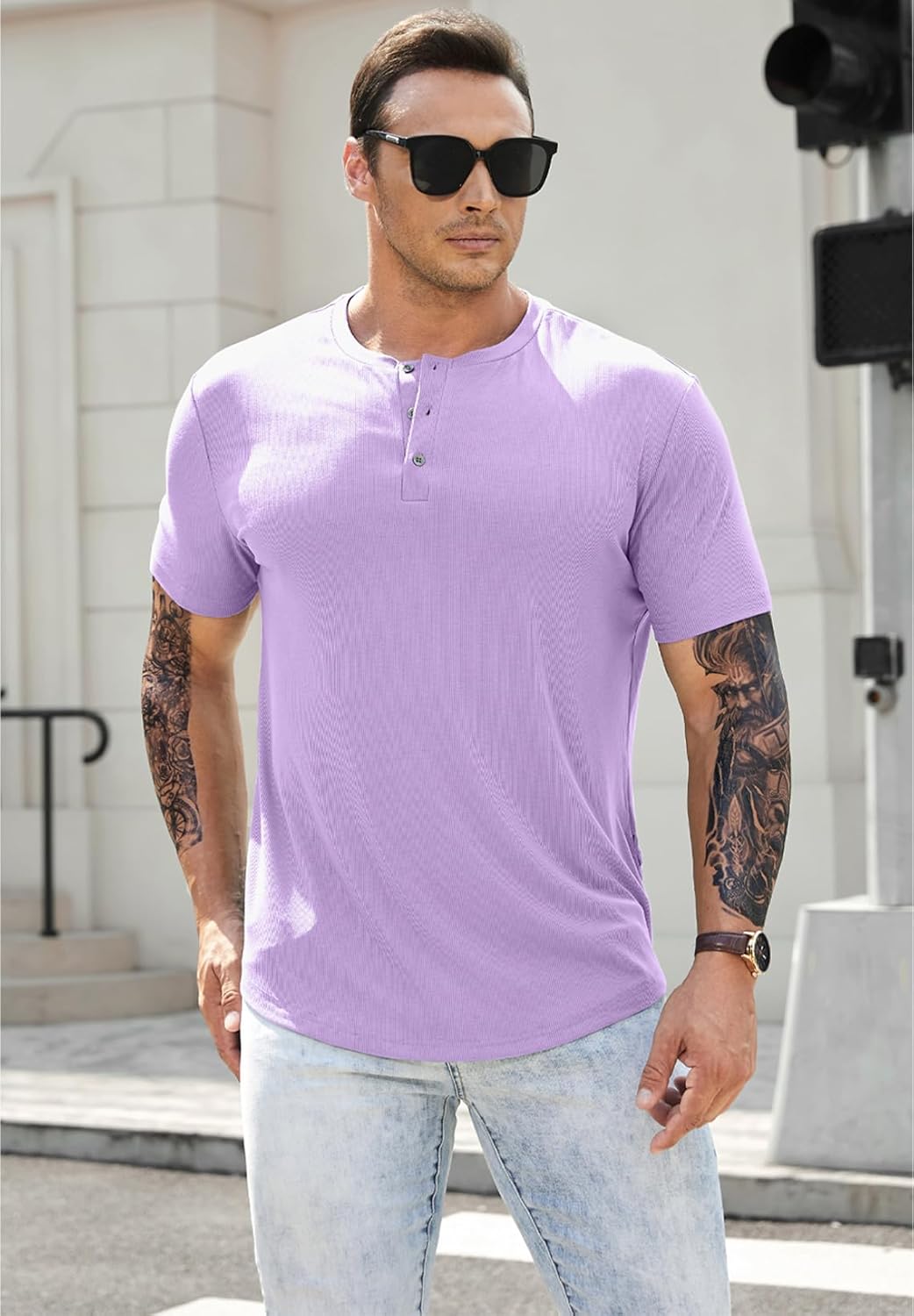 JMIERR Men's Muscle Slim Henley Shirts Crewneck Longline T-Shirt Gym Workout Athletic Shirt Tees with Button - Image 7