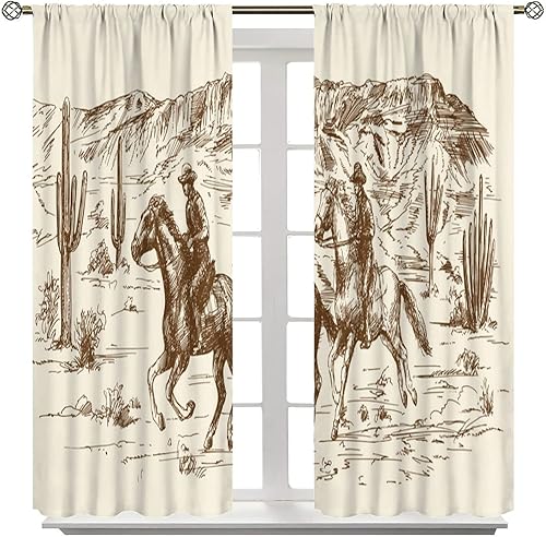 Miniatura 4 de Cortina opaca de vaquero, estilo retro, estilo bosquejo, del desierto occidental, con bolsillo para cortinero, para dormitorio, sala de estar,