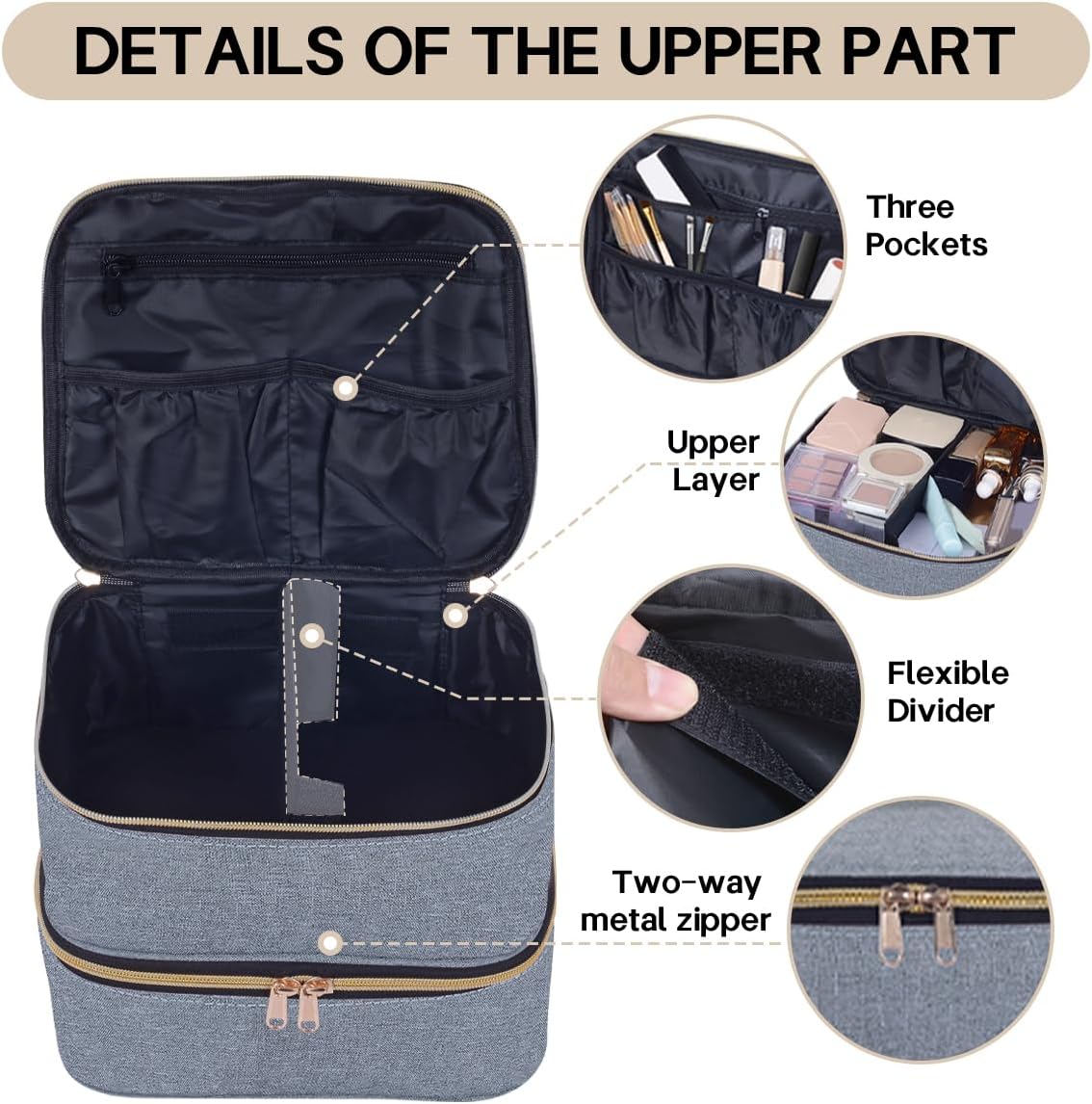 Double Layer Makeup Bag Portable Large Cosmetic Case Organizer with Adjustable Dividers Storage Travel Bag for Accessories Brushes Conditioner and Skin Care Products (Gray Gold)