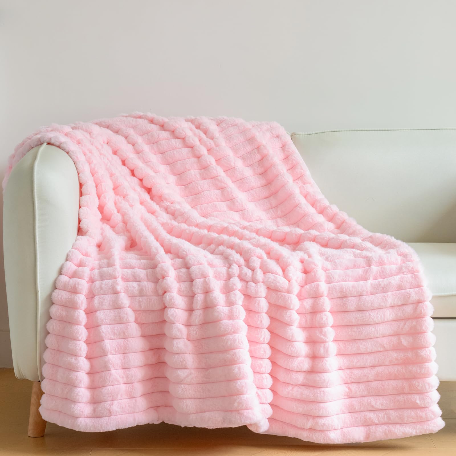 Faux Fur Pink Throw Blanket for Couch, Fluffy Soft Plush Cozy Blanket, Fuzzy Striped Decorative Blanket for Sofa Bed Living Room, 50 x 60 Inches
