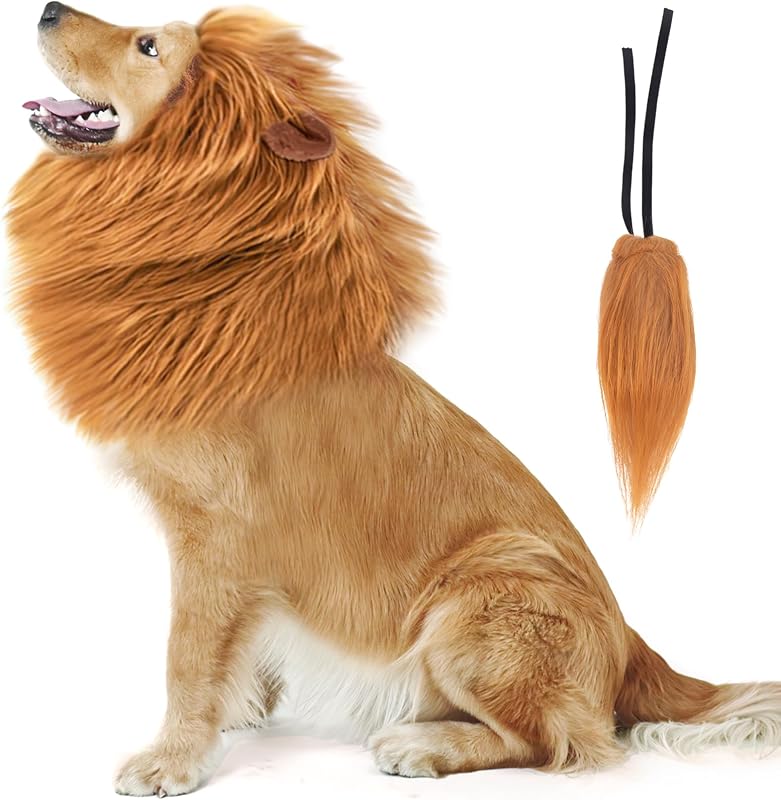 Disfraz de melena de león para perro, peluca de león divertida y realista para perros de tamaño mediano a grande, melena elegante de Halloween (cola de oreja marrón)