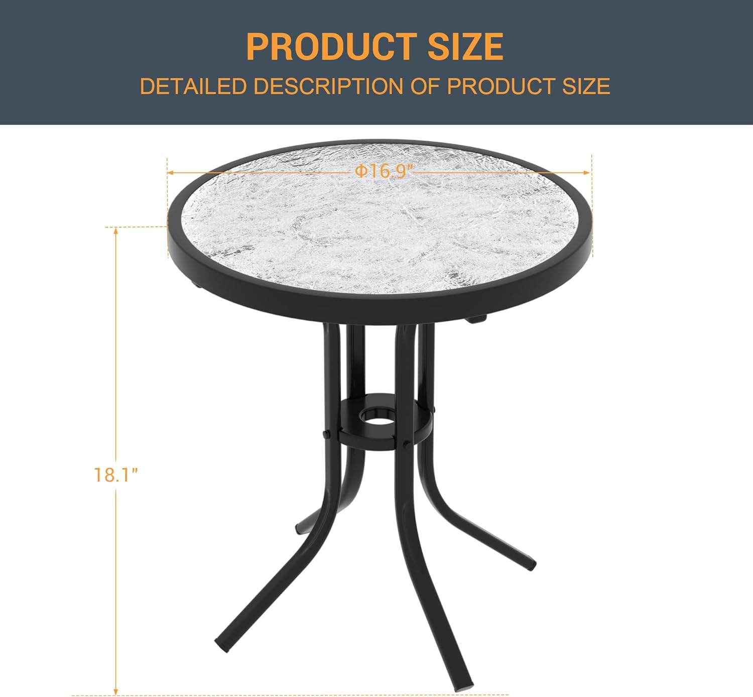 Outdoor Side Table with Tempered Glass Top, 17" Small Round Side Table with Steel Frame, Patio Metal Bistro Table for Balcony Porch Garden