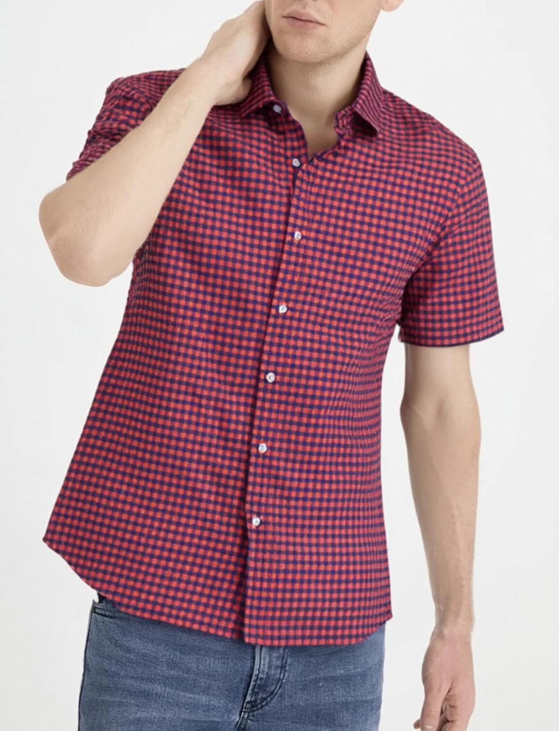 Manwan walk Mens Short Sleeve Plaid Casual Button Down Shirts Gingham Regular Fit Dress Shirts - Image 3