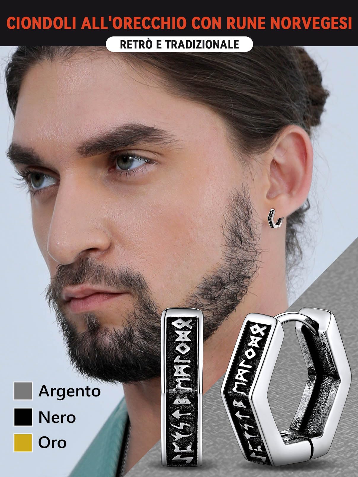 FaithHeart Uomo Donna Orecchini Cerchio di Rune Vichinghe Rune Celtiche Orecchini Cerchio Argento 925 / Acciaio Inox Antiallergico con Onice Gioielli Amuleto Nordico