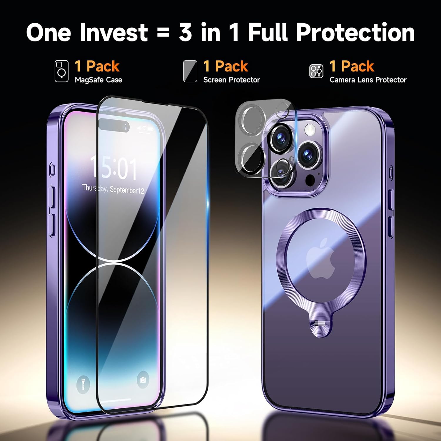 [Tri-Shield Protection] for iPhone 14 Pro Max Case with 360° Spin Stand Compatible with MagSafe [Magnetic CD Ring][Screen & Camera Lens Protector]Shockproof Plating Never-Yellowing, Purple-6.7" - Image 3