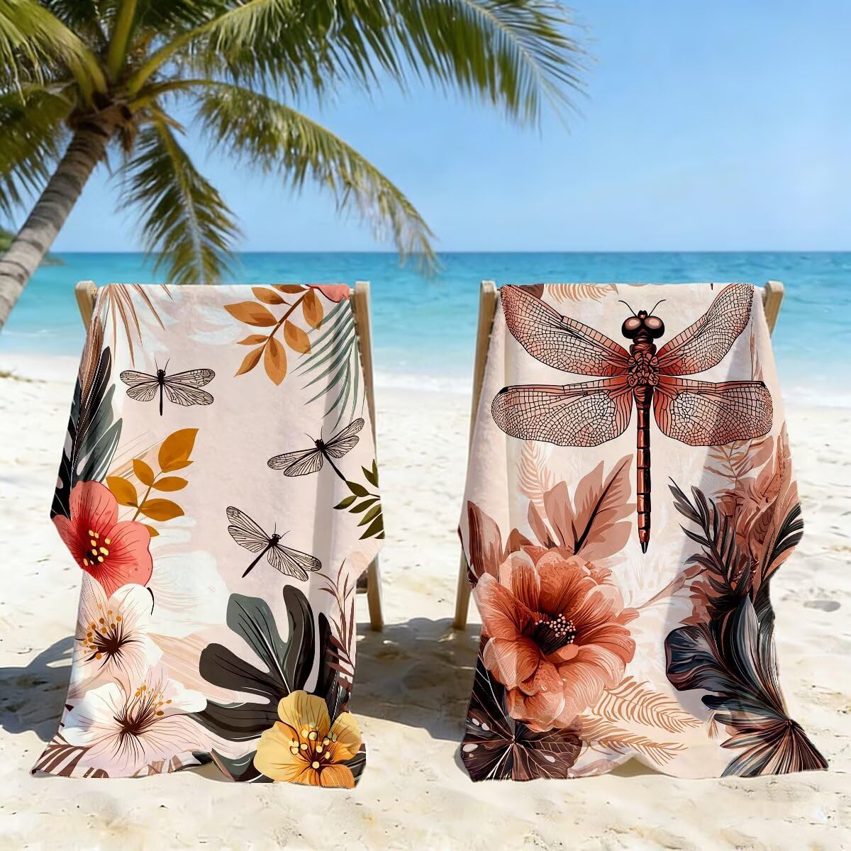Ręcznik plażowy XXL, 100 x 220 cm, zestaw 2 sztuk, bez piasku, ręcznik plażowy, szybkoschnący, sportowy ręcznik do studia fitness, ręcznik do sauny, duży ręcznik plażowy na plażę (ważka) -3836
