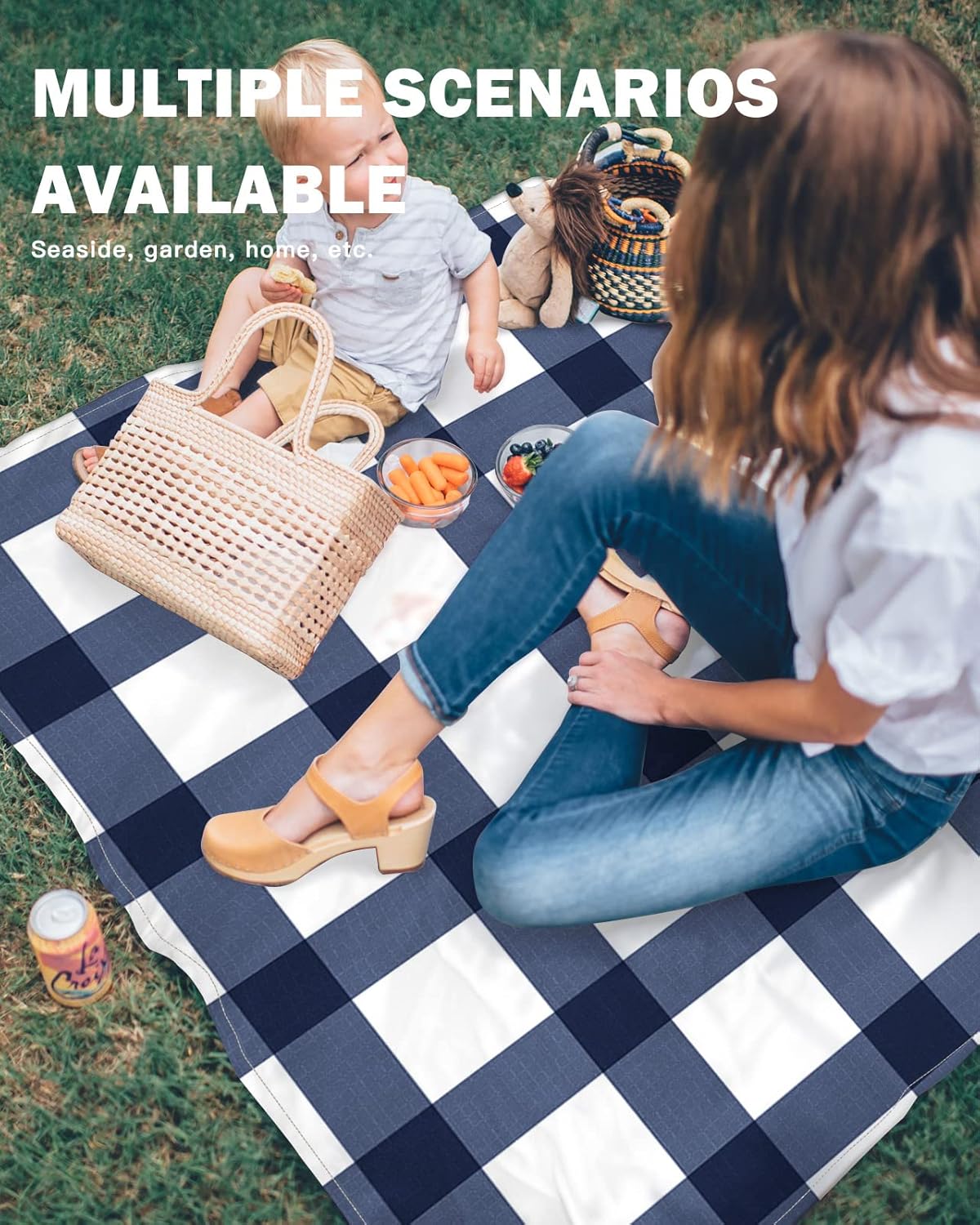 Farmhouse Blue White Plaid Beach Blanket Waterproof Sandproof Outdoor Picnic Mat 95"x80" Buffalo Lattice Lightweight Large Beaach Blankets with 4 Stake & 4 Corner Pockets